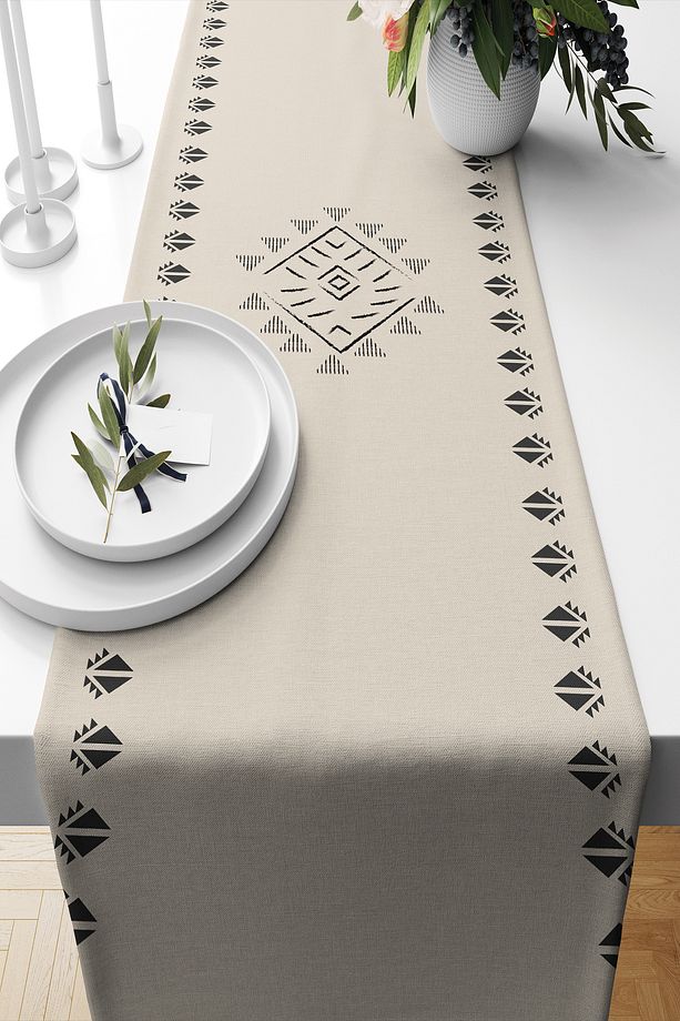 Dijital Baskılı Dekoratif Masa Runner – 140x40 cm, Bej Bohem Tarzı, Masa Örtüsü, Leke Tutmaz - 1