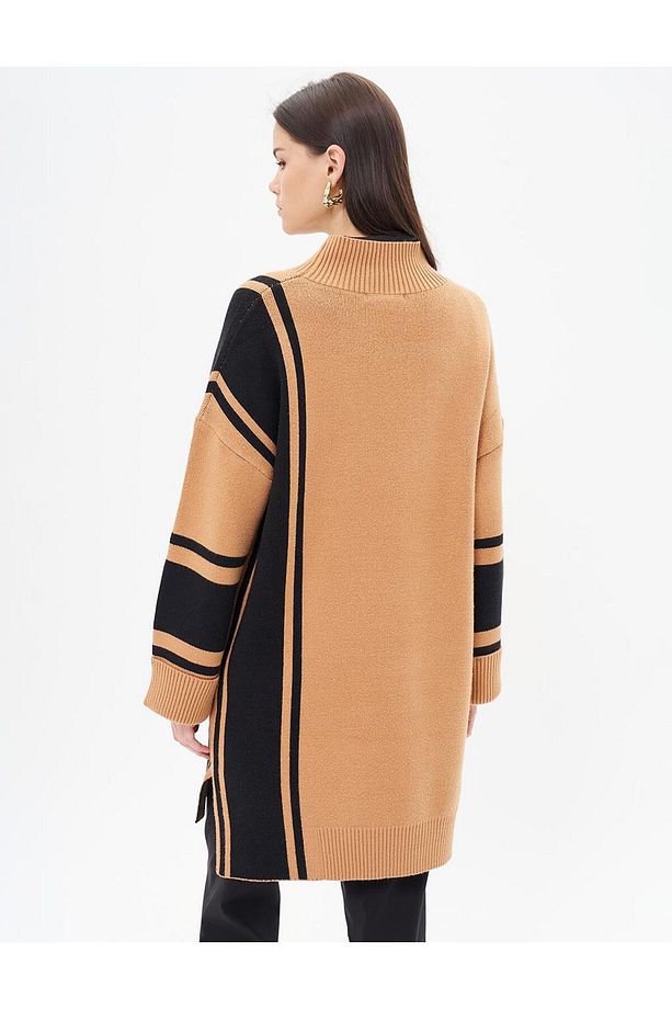 Çizgi Desen Triko Tunik Camel-Siyah - 7