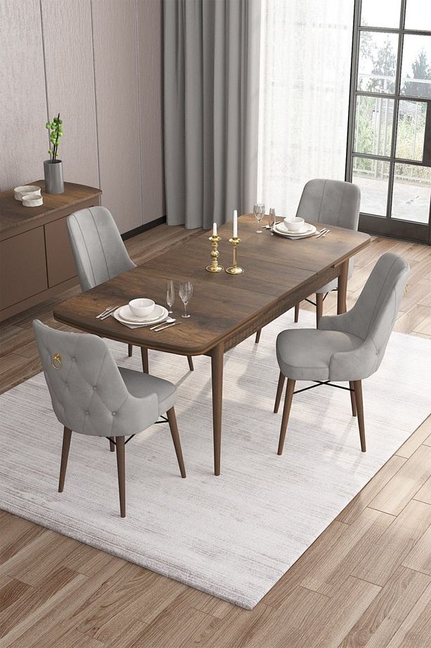 Are Serisi 80x132 Açılabilir Mdf Barok Ahşap Desenli Masa Takımı Ve 4 Gri Sandalye - 2