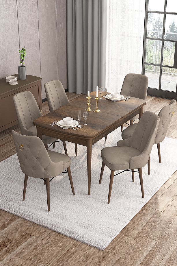 Are Serisi 80x132 Açılabilir Barok Ahşap Desen Mutfak Masası Takımı 6 Cappucino Sandalye - 1