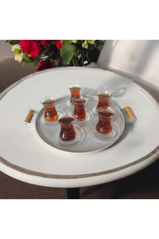 Ahşap Kulplu 2'li 50 Cm Ve 37 Cm Yuvarlak Metal Tepsi Kahvaltı Çay Kahve Sunum Tepsisi - 3