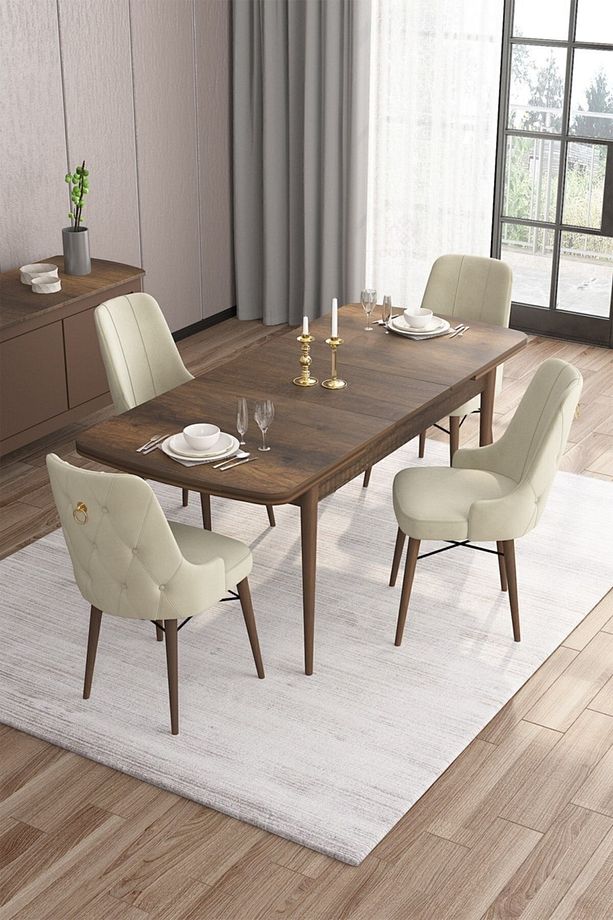 Are Serisi 80x132 Açılabilir Mdf Barok Ahşap Desenli Masa Takımı Ve 4 Krem Sandalye - 2