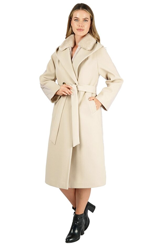 معطف مبطن - رقبة فروي، حزام خصر مربوط، زر أمامي وتفاصيل غطاء للرأس - 4463 - 2