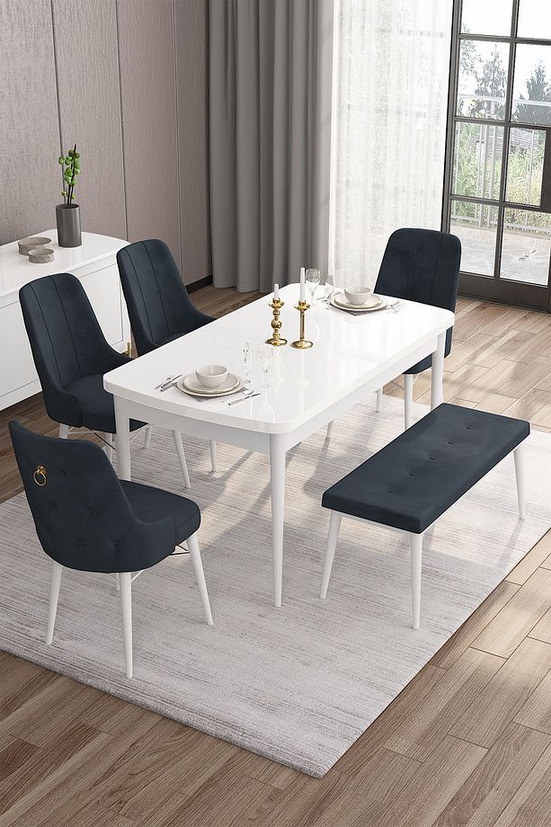 Are Serisi 80x132 Mdf Açılabilir Benchli Beyaz Mutfak Masa Takımı 4 Antrasit Sandalye 1 Bench - 2