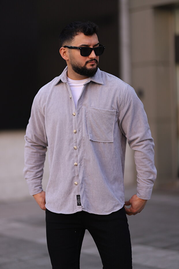 Erkek Oversize Kadife Gömlek Yaka Uzun Kollu Kışlık Gömlek - 1