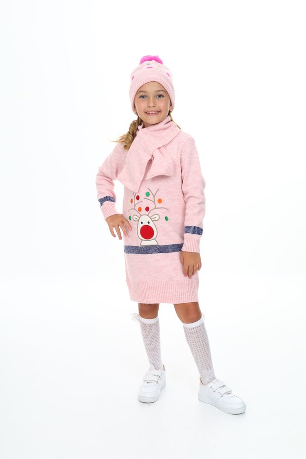 Girl's Dress Deer Embroidered Beret and Scarf Set of 3