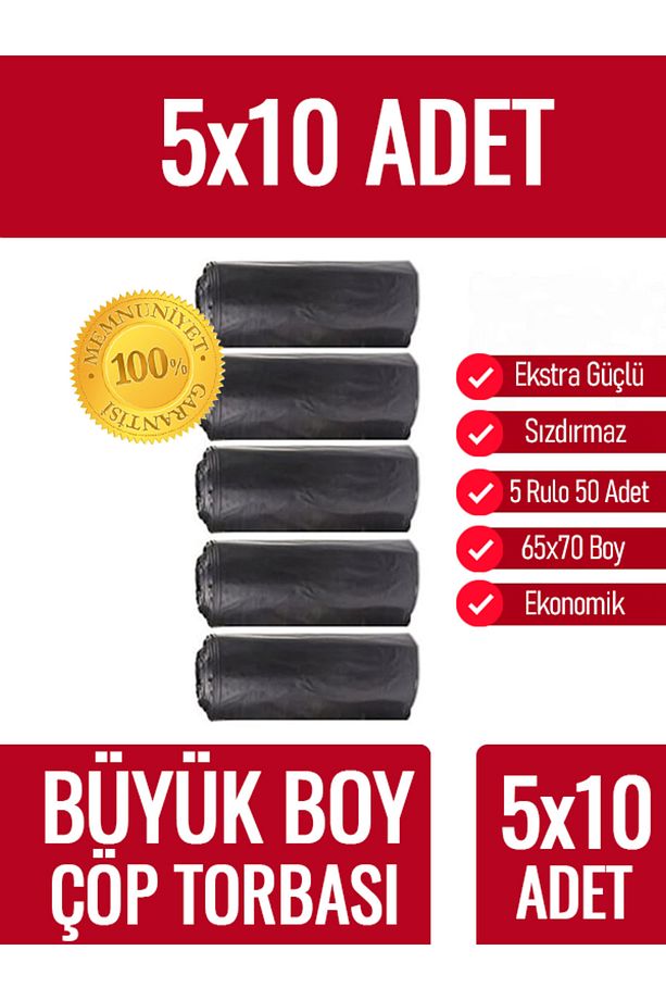 Çöp Torbası Büyük Boy 10’lu 5 Rulo Kalın 65x70 Çöp Poşeti - 2