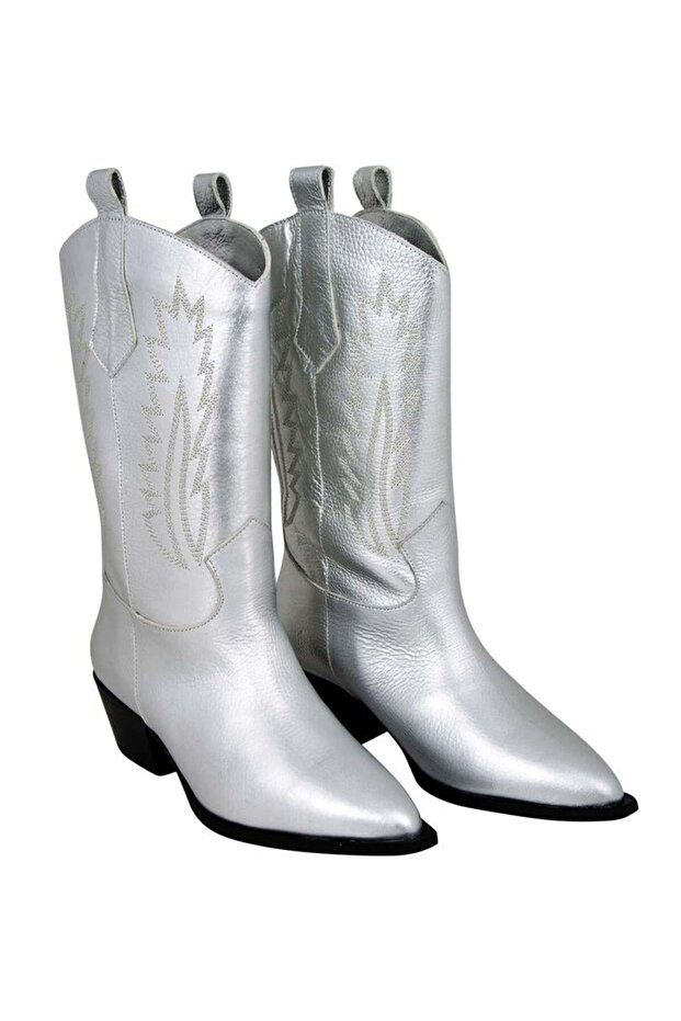 Silver Patterned Leather Boots - Silver - 1