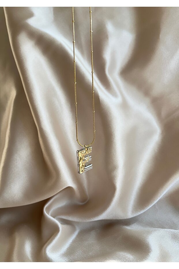 E Harf Gold-Silver Çelik Kolye - 3