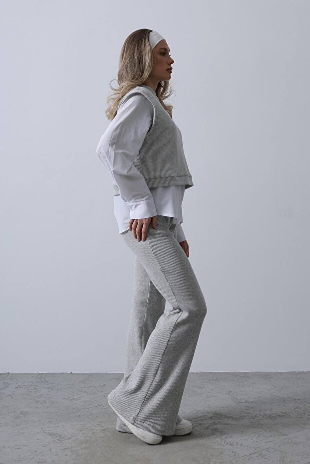 Gömlek Detaylı Gri Örme Triko Takım - 2