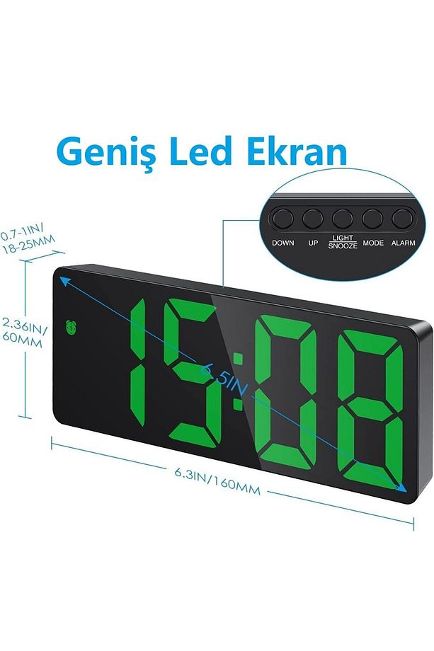 Led Dijital Masa Saati Yeşil Termometre Alarm Takvimli Ses Kontrollü - 5