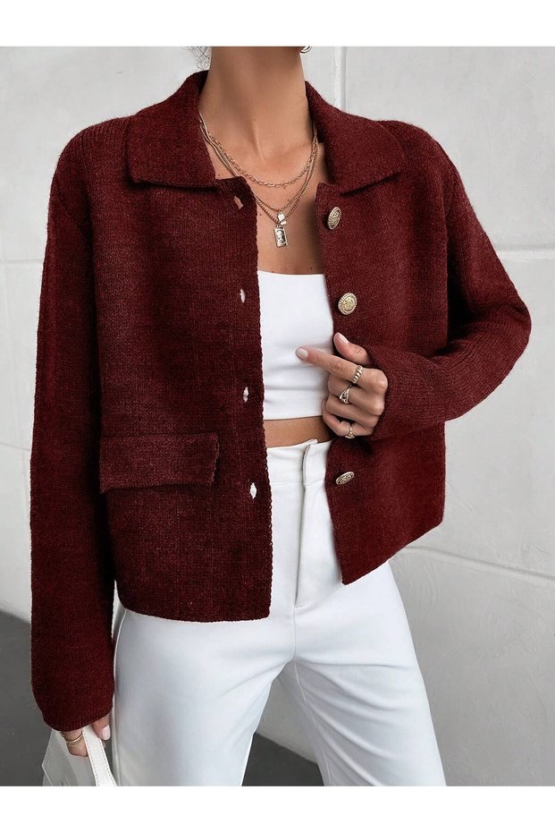 Women's Burgundy Gold Button Pocket Detailed Blazer/Tweed Crop Jacket Women's Cardigan