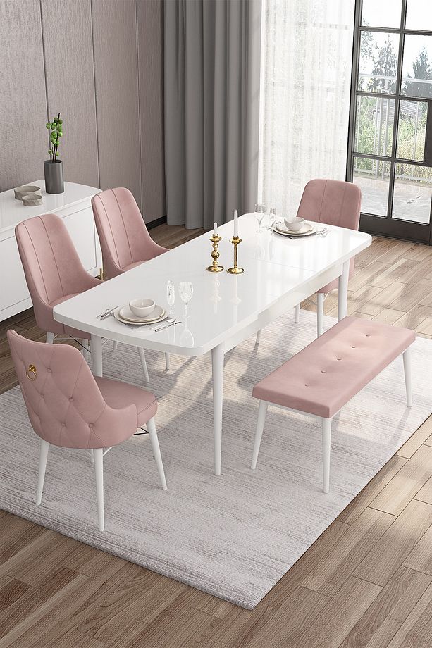 Are Serisi 80x132 Mdf Açılabilir Benchli Beyaz Mutfak Masa Takımı 4 Pembe Sandalye 1 Bench - 2