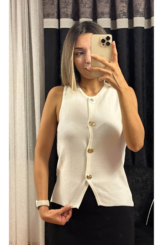 Gold Button Detail Ecru Vest