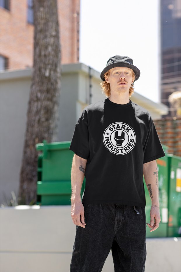 Stark Industries Round Printed Marvel Oversize Unisex Black T-shirt