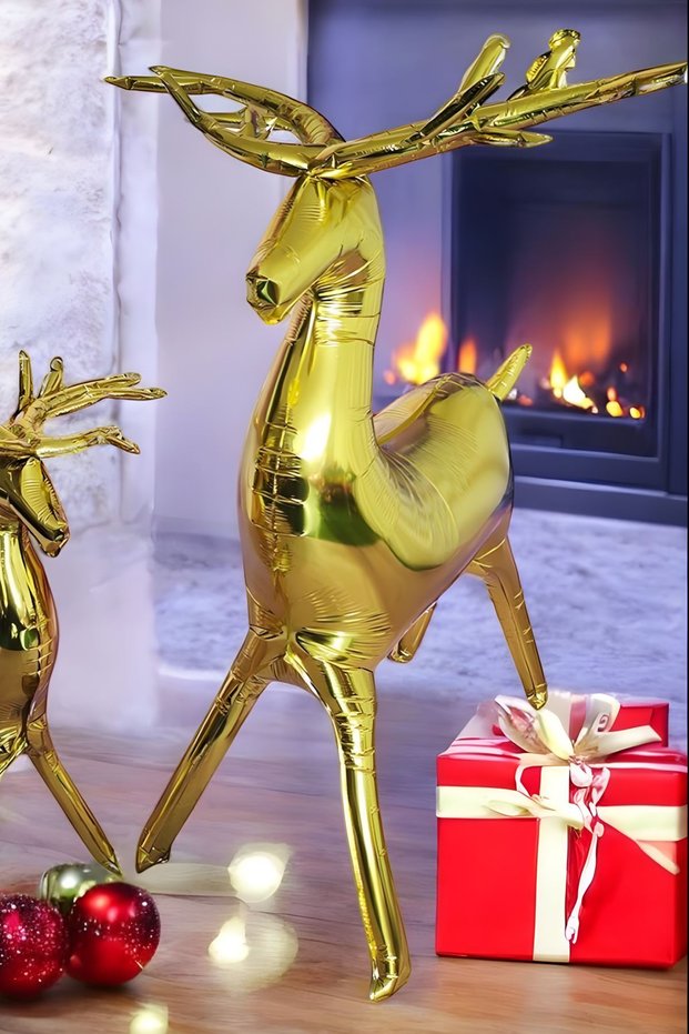 Gold Colored Big Deer Foil Balloon - Footed Christmas Balloon