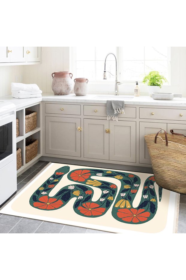 Efe Collection Modern Decorative Carpet with Snake and Flower Patterned Woven Base in Green and Beige Tones 16