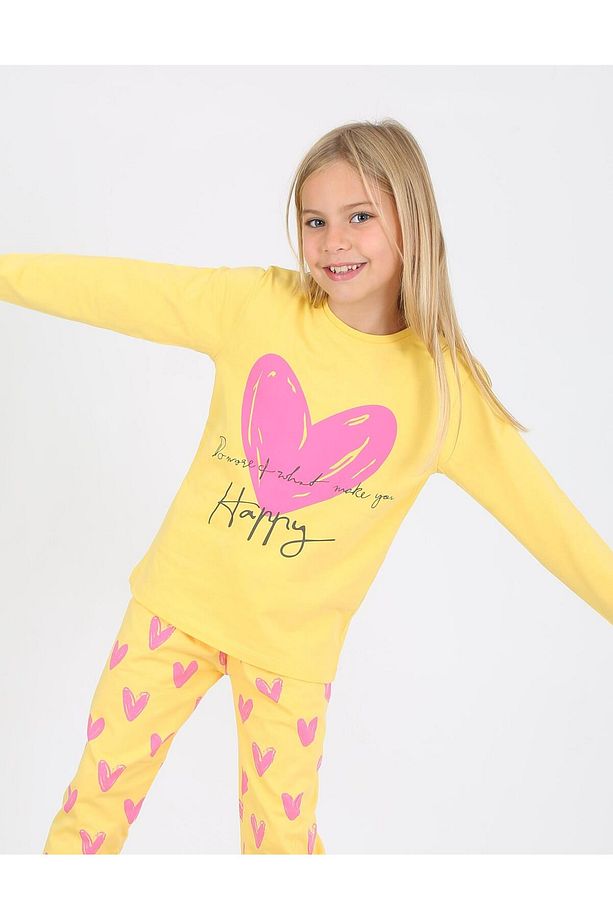 Kız Çocuk Uzun Kollu %100 Pamuklu Pijama Takımı Happy Heart Sarı - 2