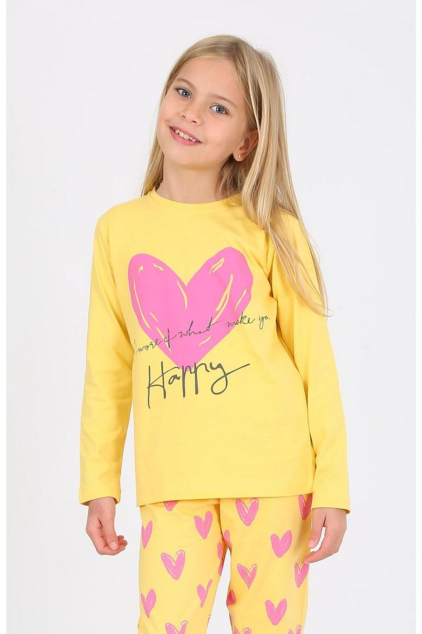 Kız Çocuk Uzun Kollu %100 Pamuklu Pijama Takımı Happy Heart Sarı - 1