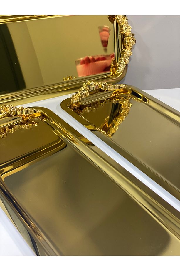 PARLAK GOLD 6 ADET DİKDÖRTGEN KULPLU MODEL SERVİS VE SUNUM TEPSİSİ - 2