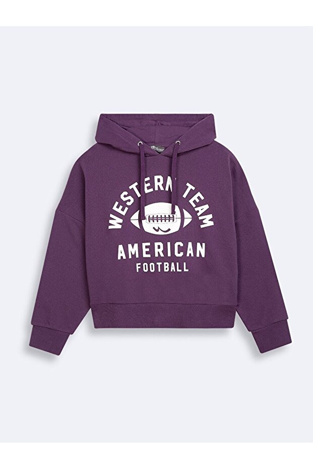 Baskılı Kapüşonlu Boxy Fıt Mor Sweatshırt - 1