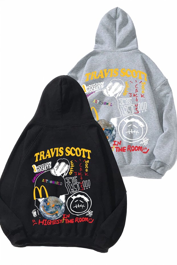 2-Piece Travis Scott Sweatshirt - Black Gray Printed Oversize Thick Hooded Hoodie