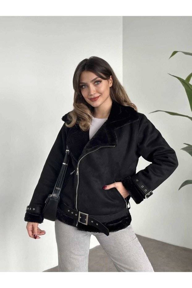 New Season Women's Premium Zr Leather Suede Coat with Ribbed Inside and Belt Detail