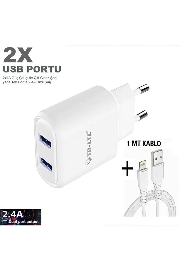 5v 2.4A Çift USB Çıkışlı Şarj Cihazı + 1mt lightning Kablo. Uyumlu - 1
