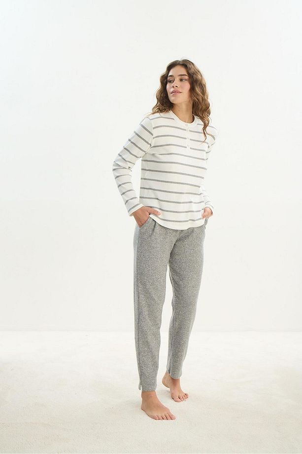 Kadın Uzun Kol Triko Ekru Pijama Takımı C0T0N2O61 - 5
