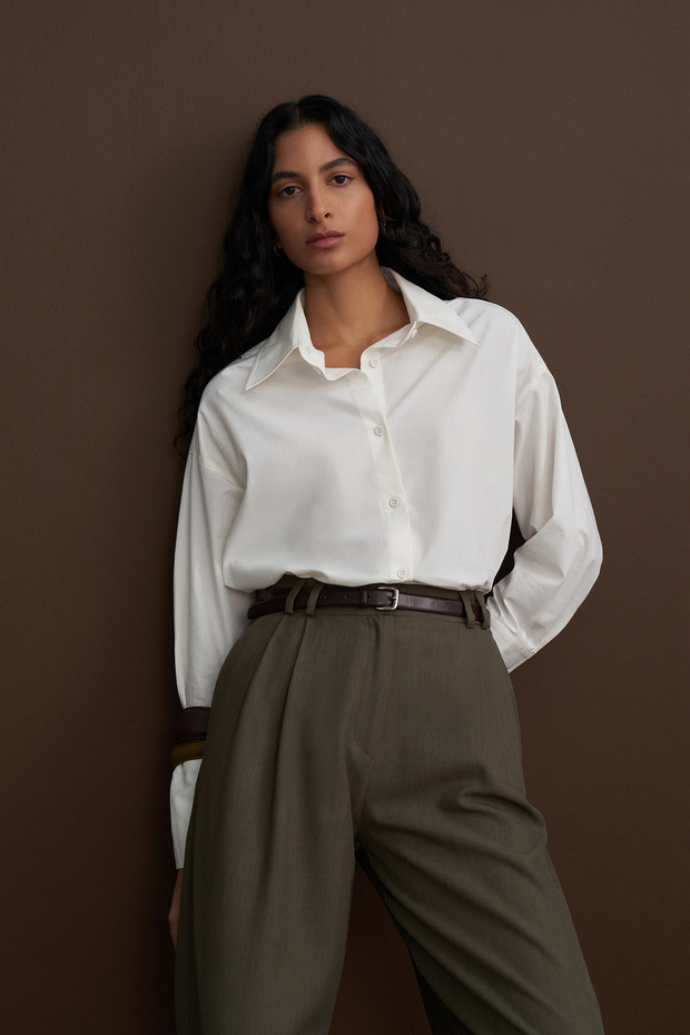 Ekru Private Edition Poplin Nakış Detaylı Oversize Gömlek - 1