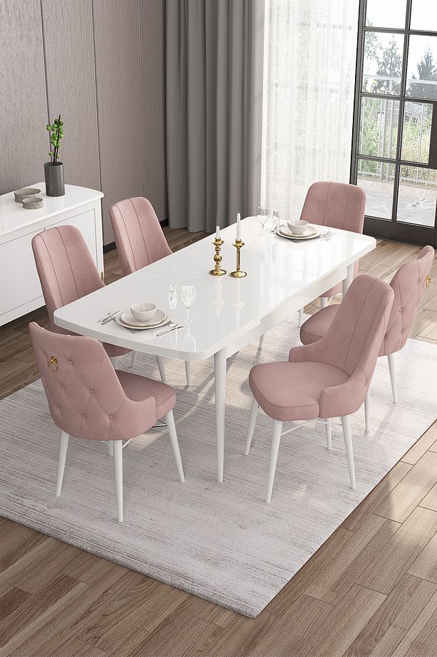 Are Serisi 80x132 Açılabilir Mdf Beyaz Masa Takımı Ve 6 Pembe Sandalye - 3