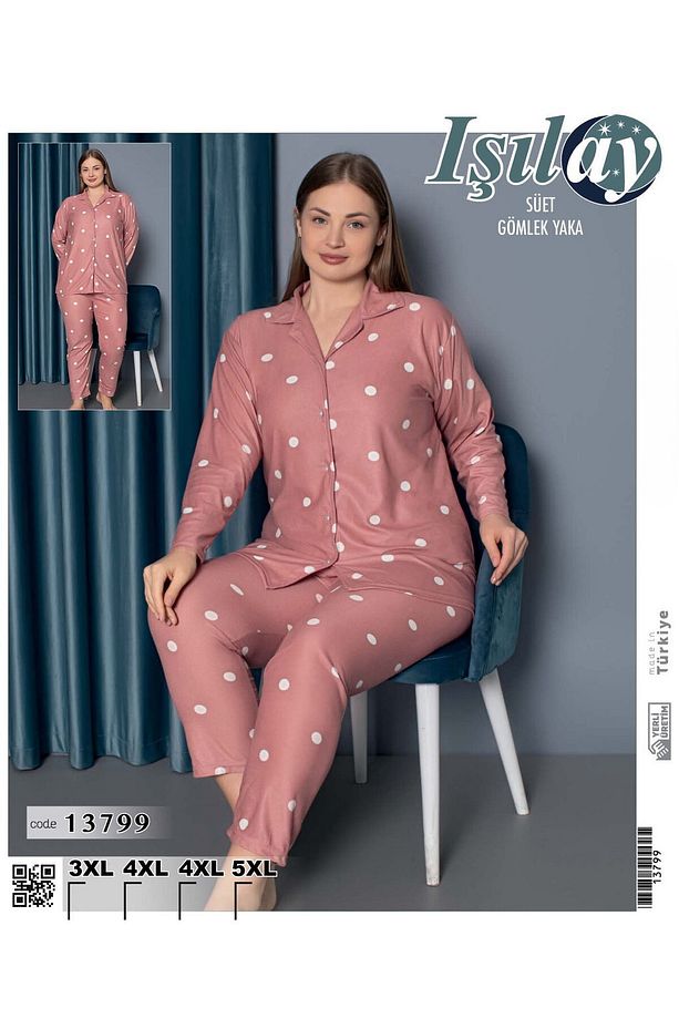 Süet Düğmeli Gömlek yaka Uzun Kol Pijama Takımı - 1