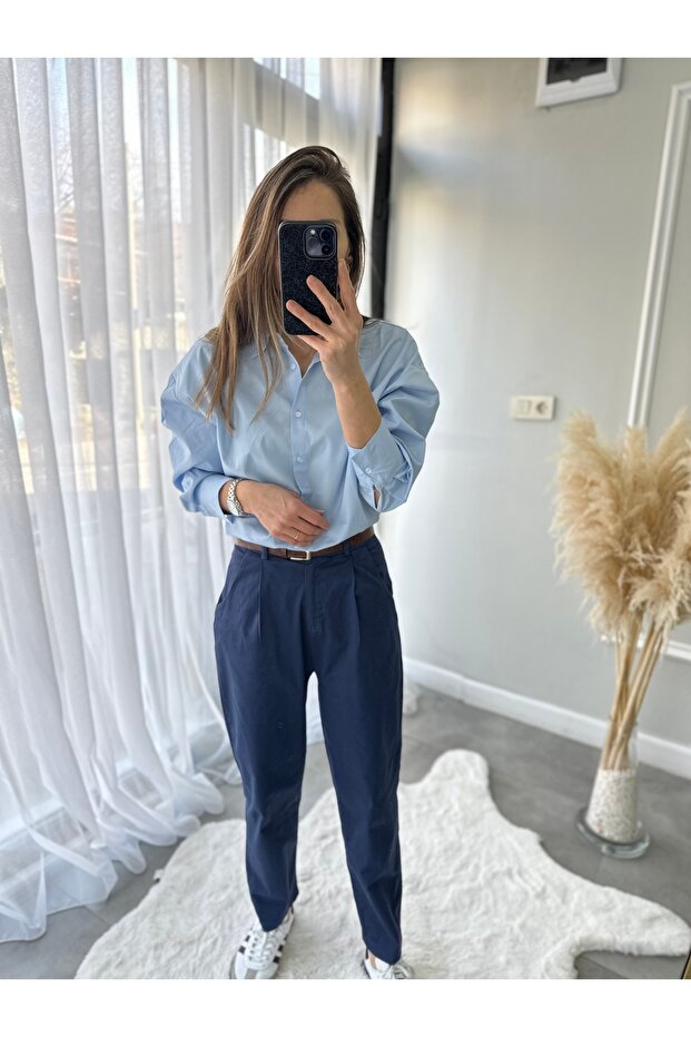 Mavi Oversize Gömlek - 1