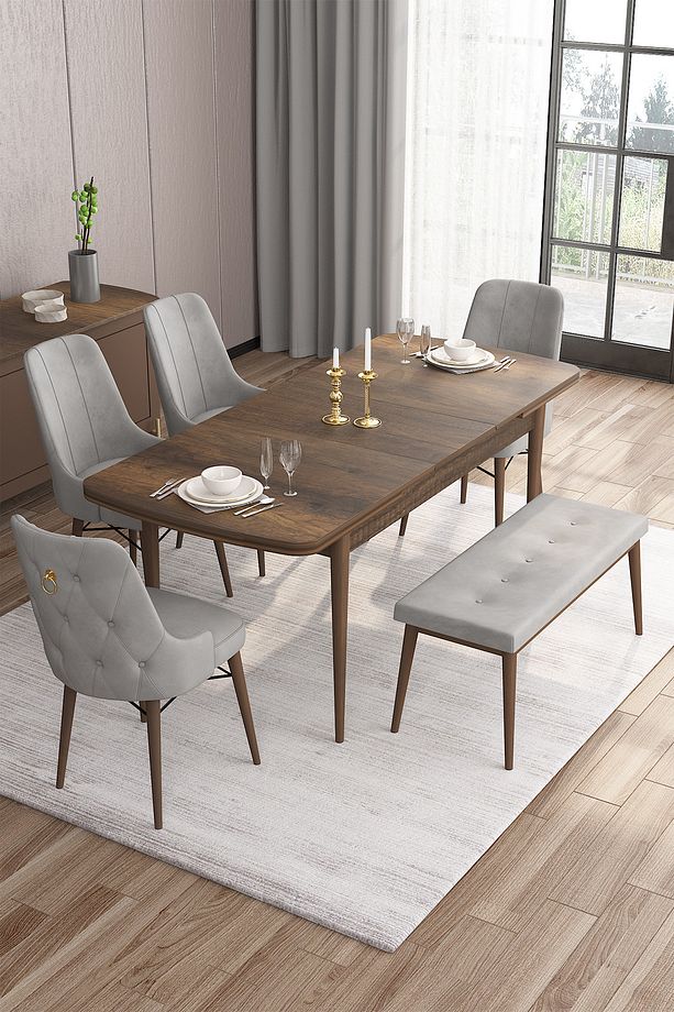 Are Serisi 80x132 Açılabilir Mdf Barok Ahşap Desen Masa Takımı 4 Gri Sandalye 1 Bench - 3
