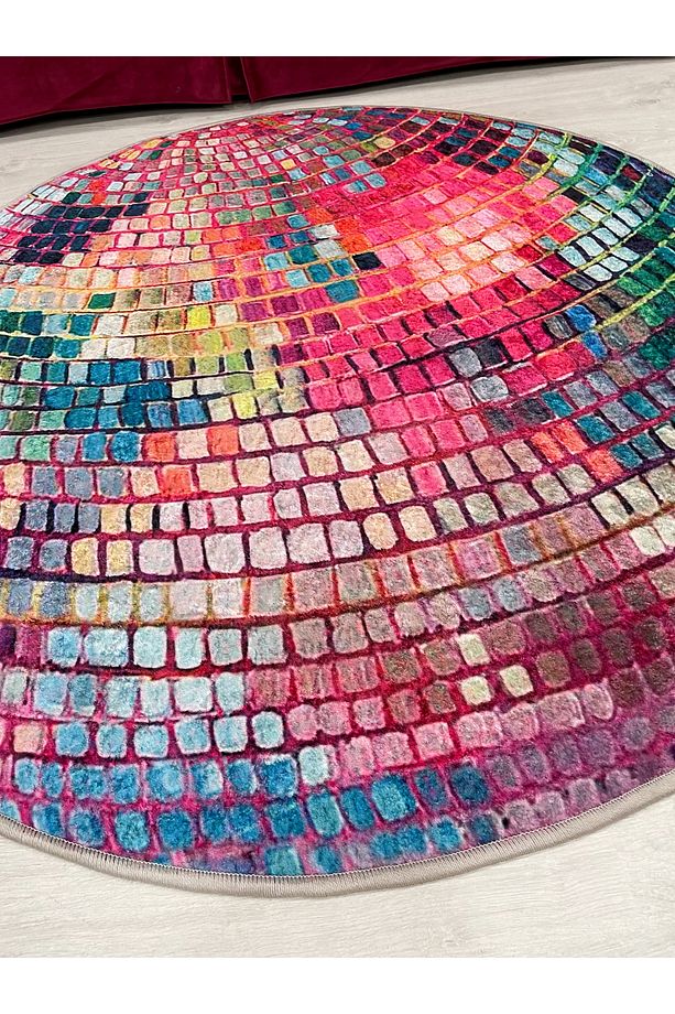 Pembe Disko Topu Şekilli Daire Lateks Taban Halı - 6
