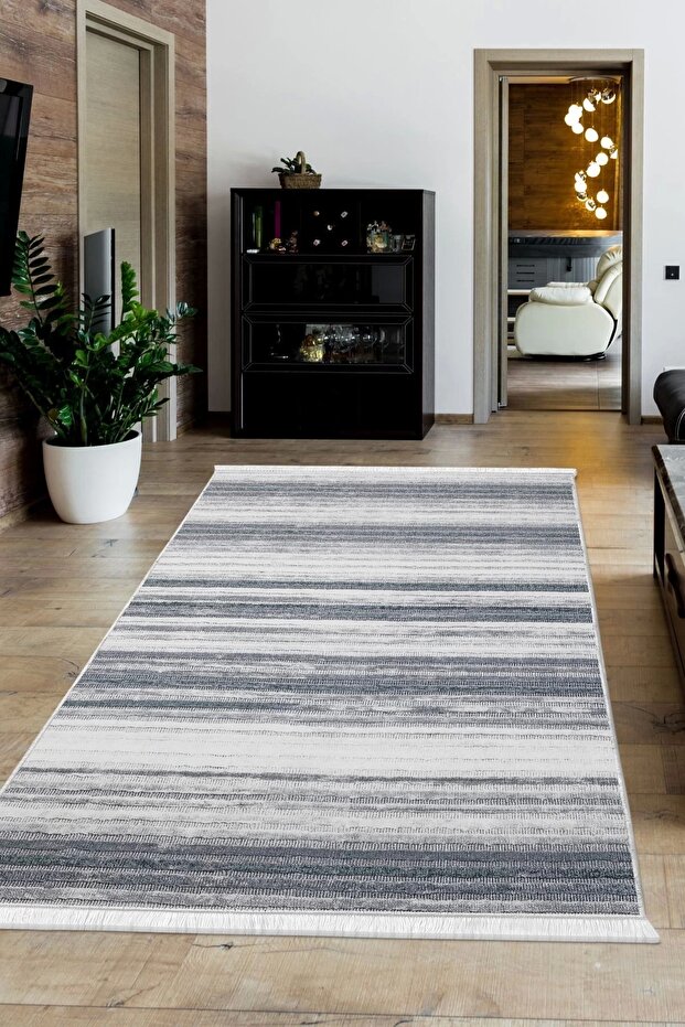 Gray 9026 Cool Thin Runner Rug - Washable Fringed Living Room Carpet Models