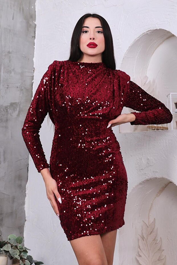 Vatkalı Pullu Kadife Elbise - 4