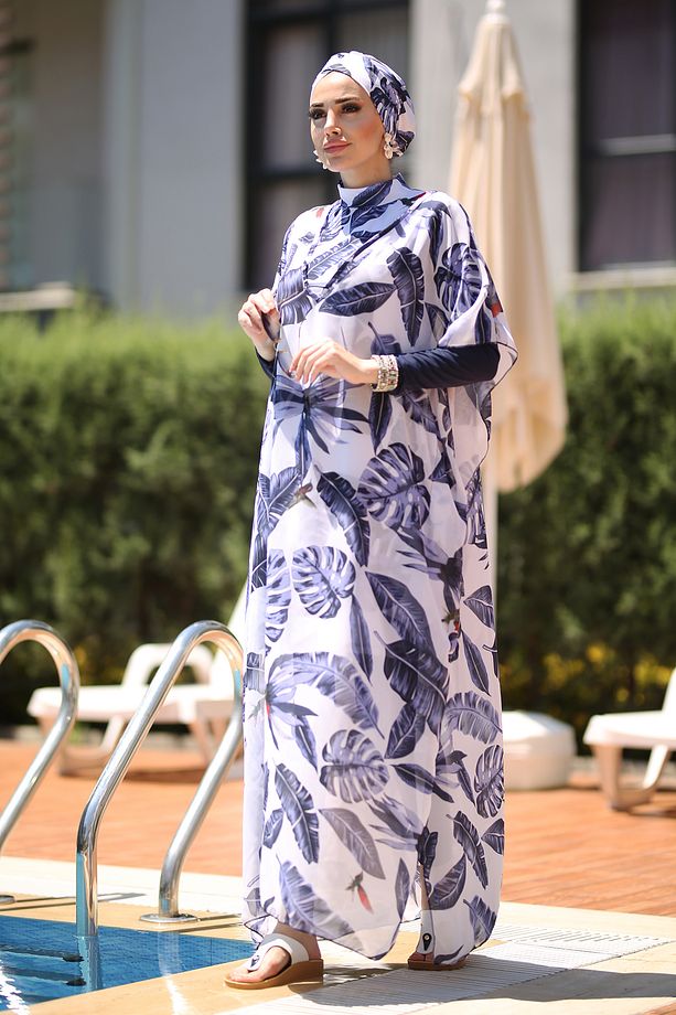 Tesettür Mayo Üzerine Desenli Tek Kaftan Pareo Mavi Yapraklar - 2