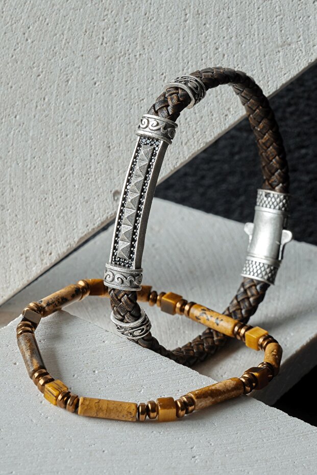 Tiger's Eye and Jasper Bracelet - Genuine Leather Elegance with Hematite and Zircon