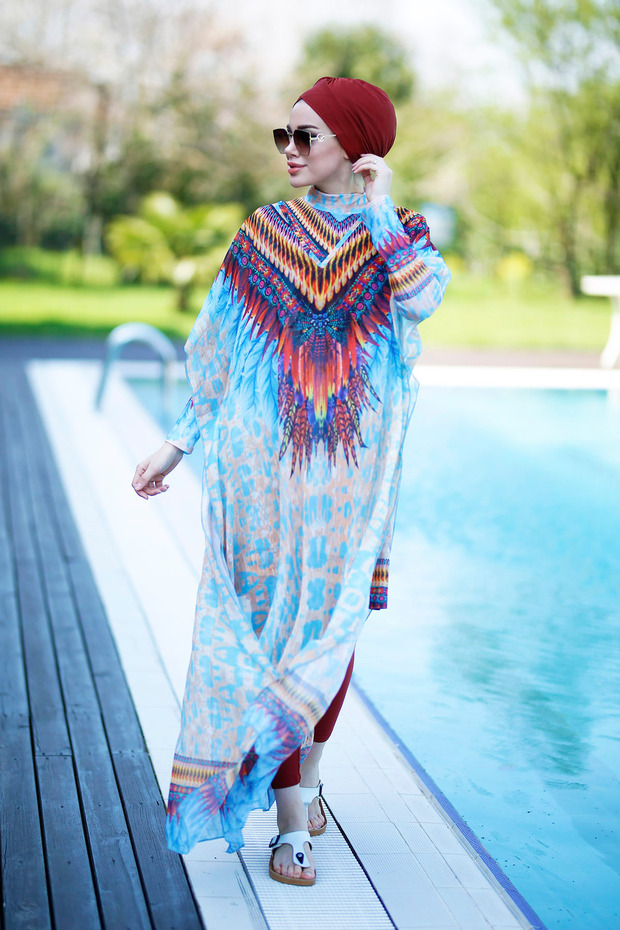Patterned Kaftan Pareo African over Hijab Swimsuit