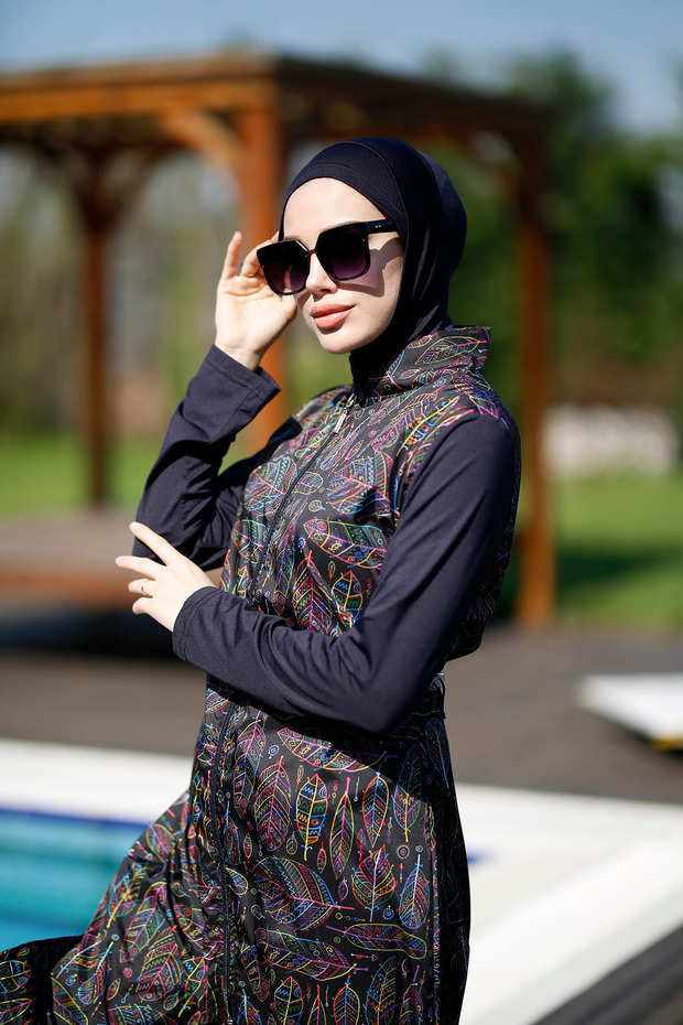 Full Covered Hijab Swimsuit Color Colorful Leaf Merve