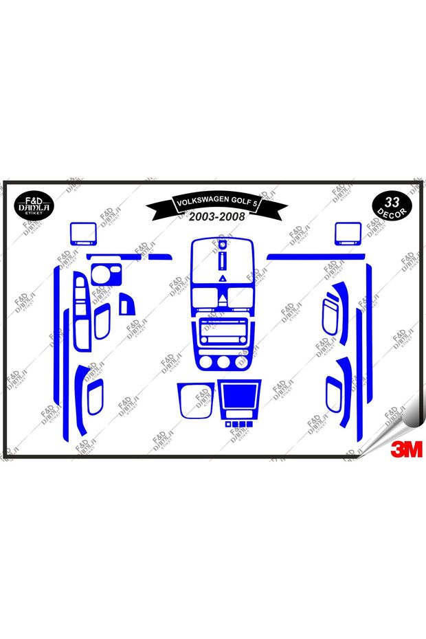 Volkswagen Golf 5 2003-2008 Dashboard Console Trim Chest Mahogany Veneer Set 33 Pieces Blue