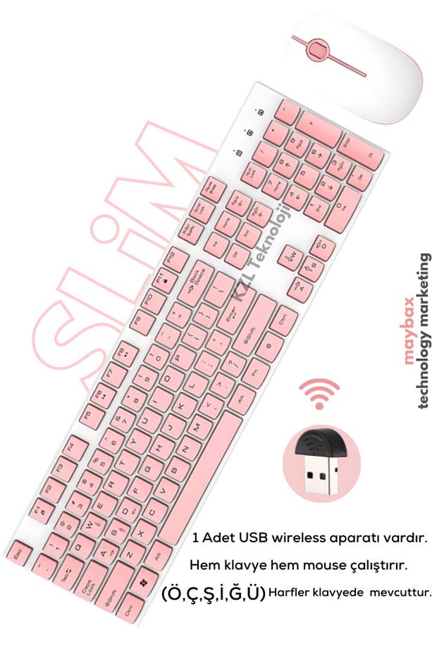 Ultra Slim Tv Pc Mobile Tablet Uyumlu Kablosuz Q Klavye Mouse Set Pembe 2.4 Ghz Wireless Set Numlock - 1