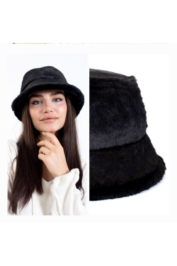 Black Rabbit Hair Plush Bucket Hat Fashion Women Winter Hat