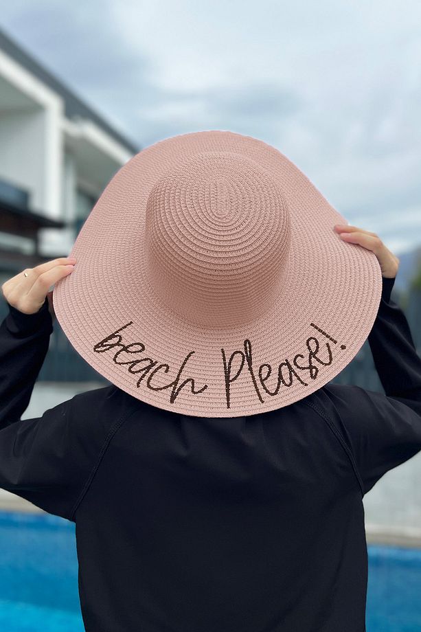 Beach Please Yazılı Hasır Şapka Pudra Rş-59 - 1