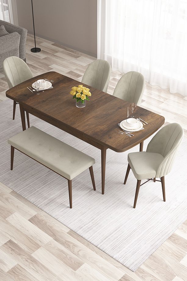 Roz Serisi,80x132 Mdf Açılabilir Barok Ahşap Desen Masa Takımı 4 Krem Sandalye Ve 1 Bench - 2