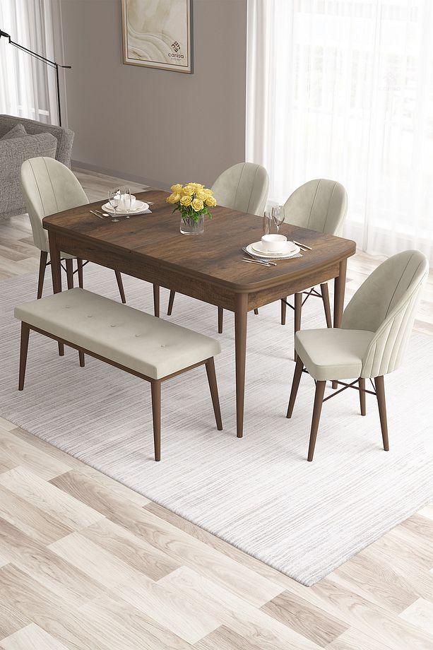 Roz Serisi,80x132 Mdf Açılabilir Barok Ahşap Desen Masa Takımı 4 Krem Sandalye Ve 1 Bench - 1