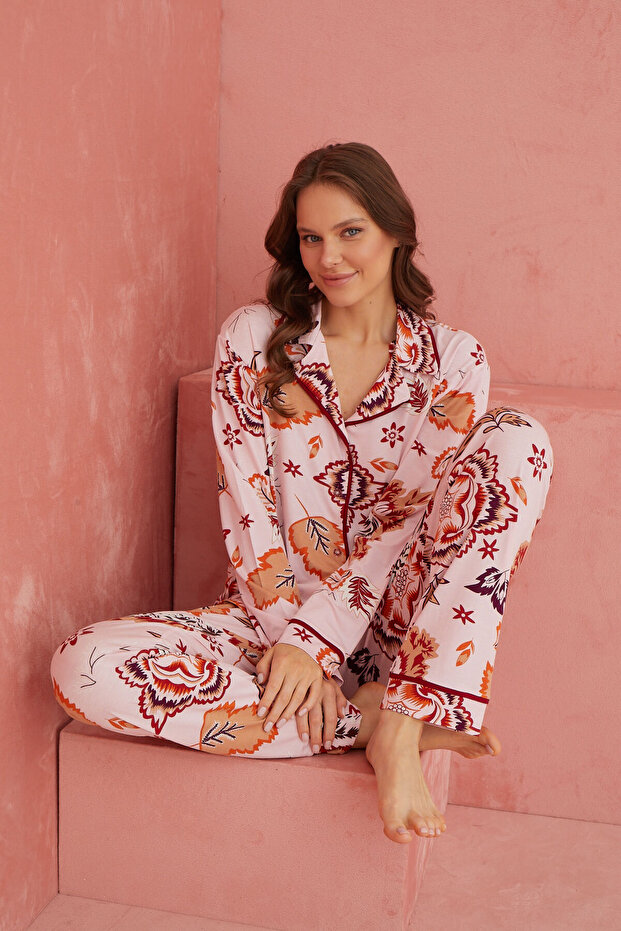 طقم بيجامة فيسكوز منقوشة بأزرار أمامية متعددة الألوان - 1