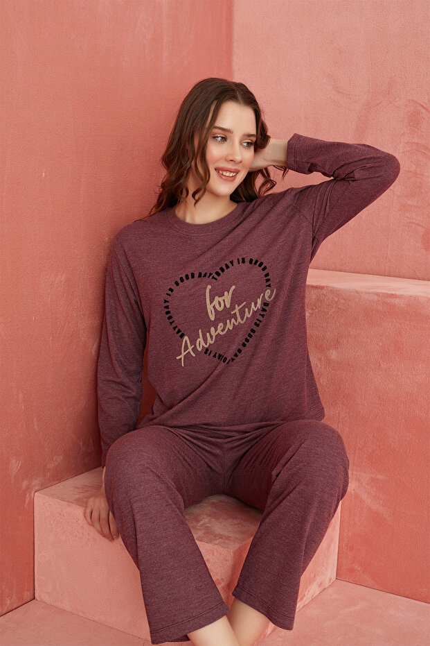 Mürdüm Kalp Desenli Kaşmir Pijama Takım - 1