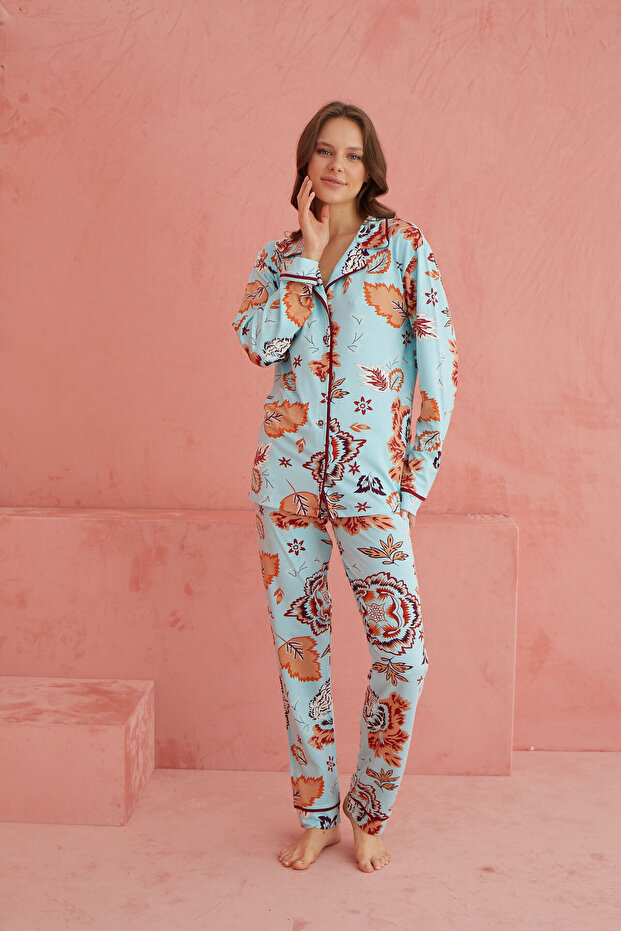 Multicolor Patterned Viscose Front Button Pajamas Set - 2